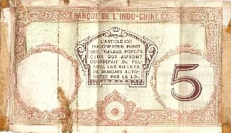 Robert James Marguerite French Indochina 5 Francs Short Snorter back